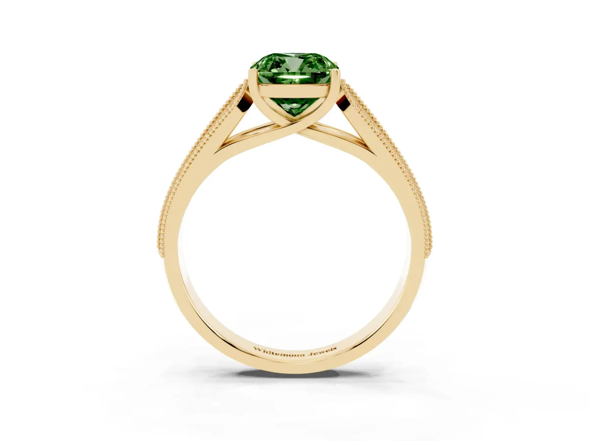 Fancy Green Cushion Cut Cut Pave Split Shank Engagement Ring with Four-Prong Setting Yellow gold