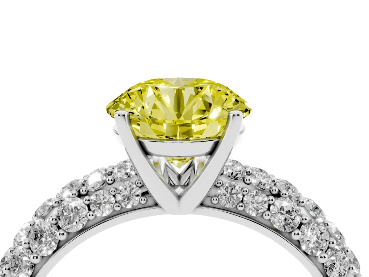 Fancy Yellow Round Cut Diamond Pavé Band Solitaire Ring with Four-Prong Setting Platinum