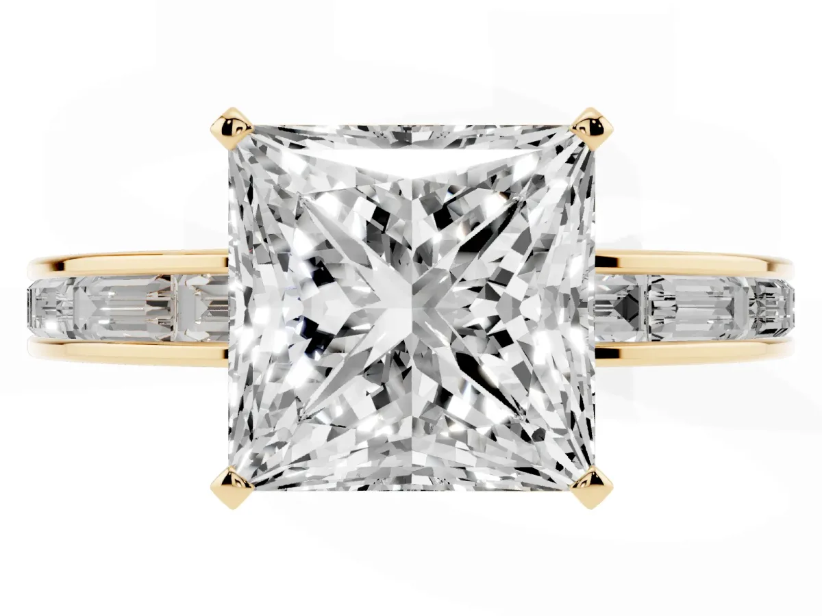 Princess Cut Solitaire Diamond Ring with Channel-Set Baguette Band and Four-Prong Setting Yellow gold