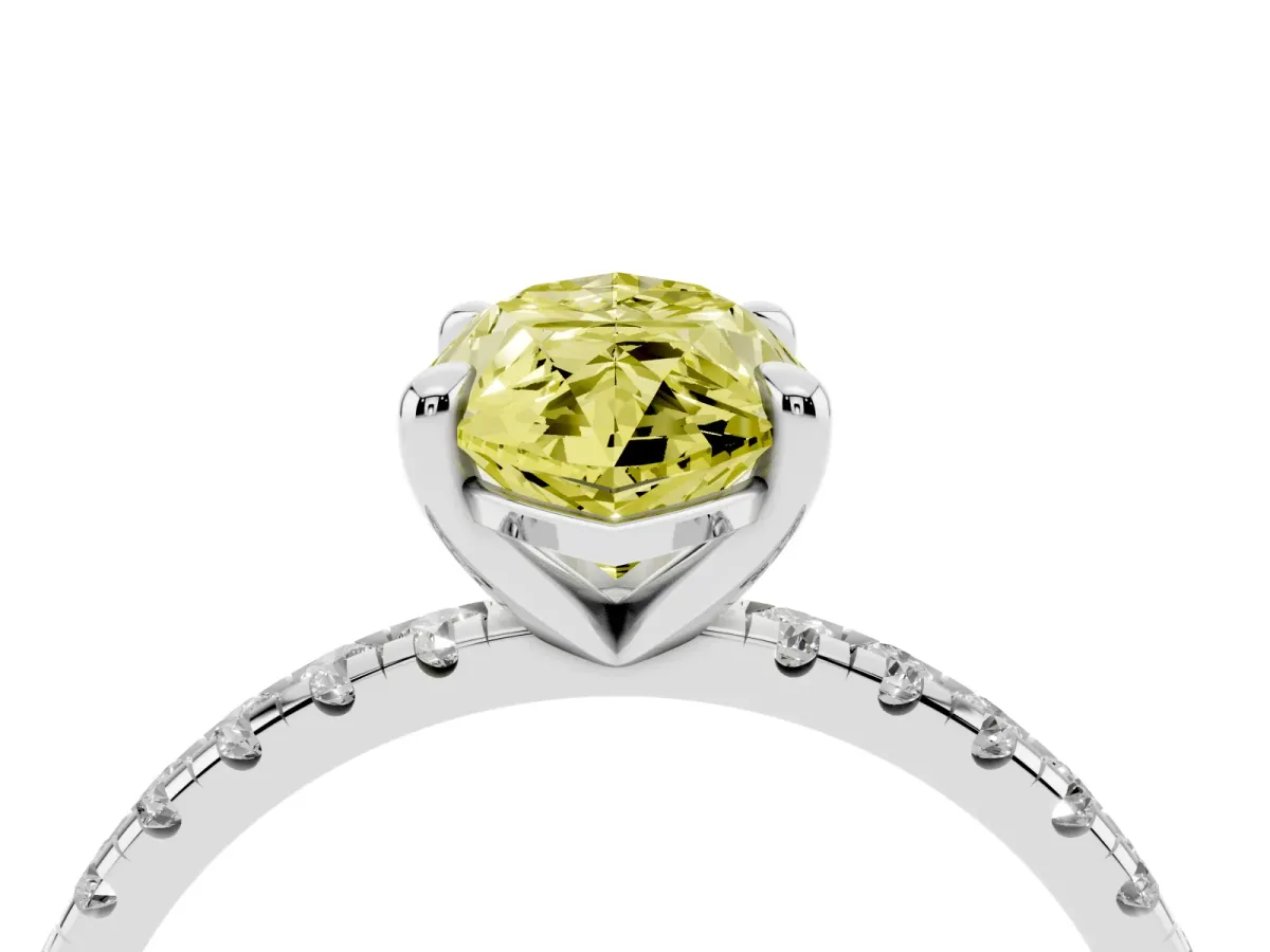 Fancy Yellow Marquise Cut Diamond Brilliant Solitaire Ring with Pavé Band and Four-Prong Setting Platinum