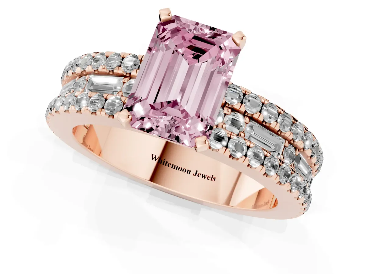 Fancy Pink Emerald Cut Diamond Solitaire Ring with Pavé and Channel Set Band Rose gold