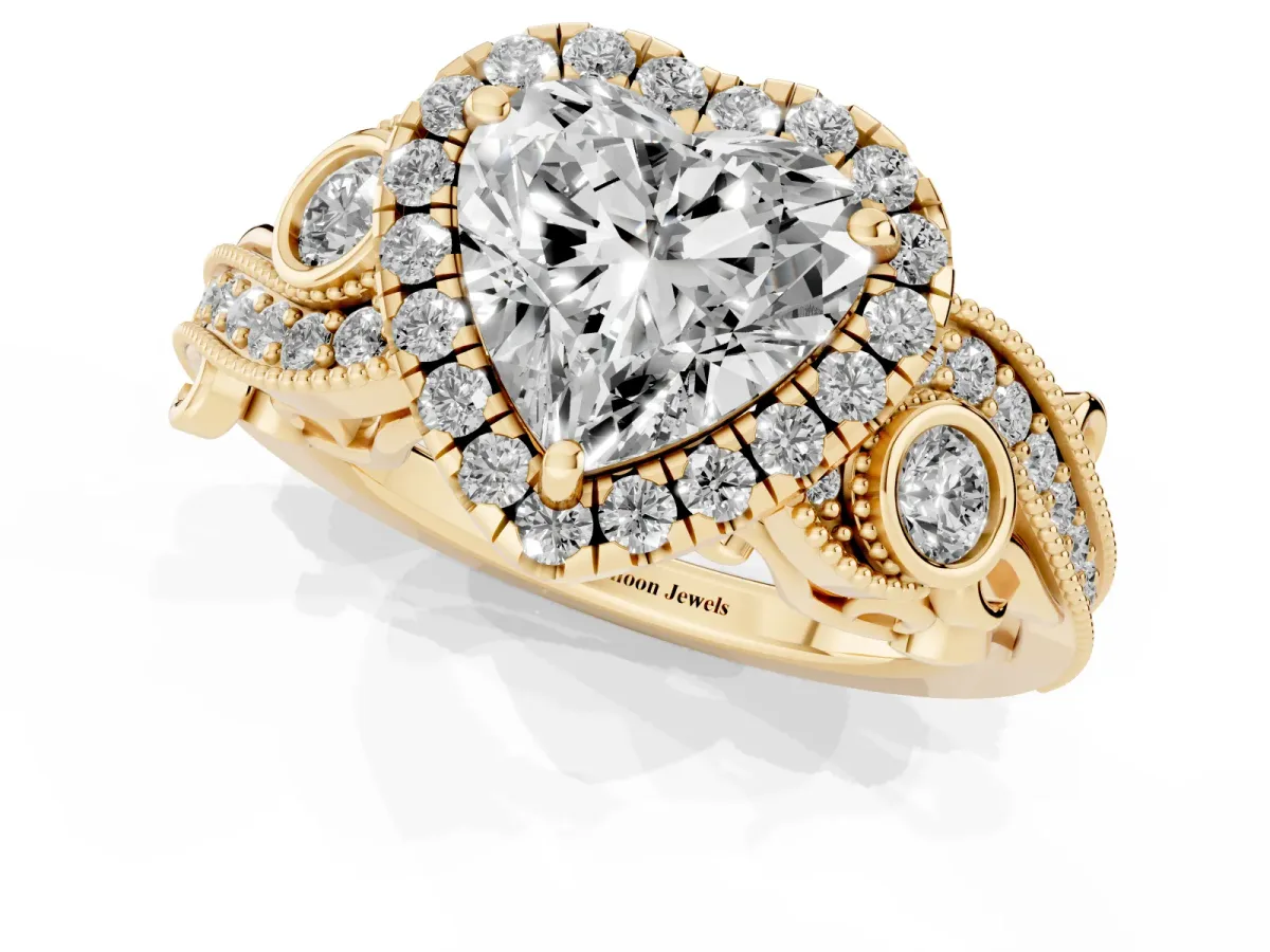 Heart Cut Diamond Halo Ring with Milgrain Pavé Band and Four-Prong Setting Yellow gold