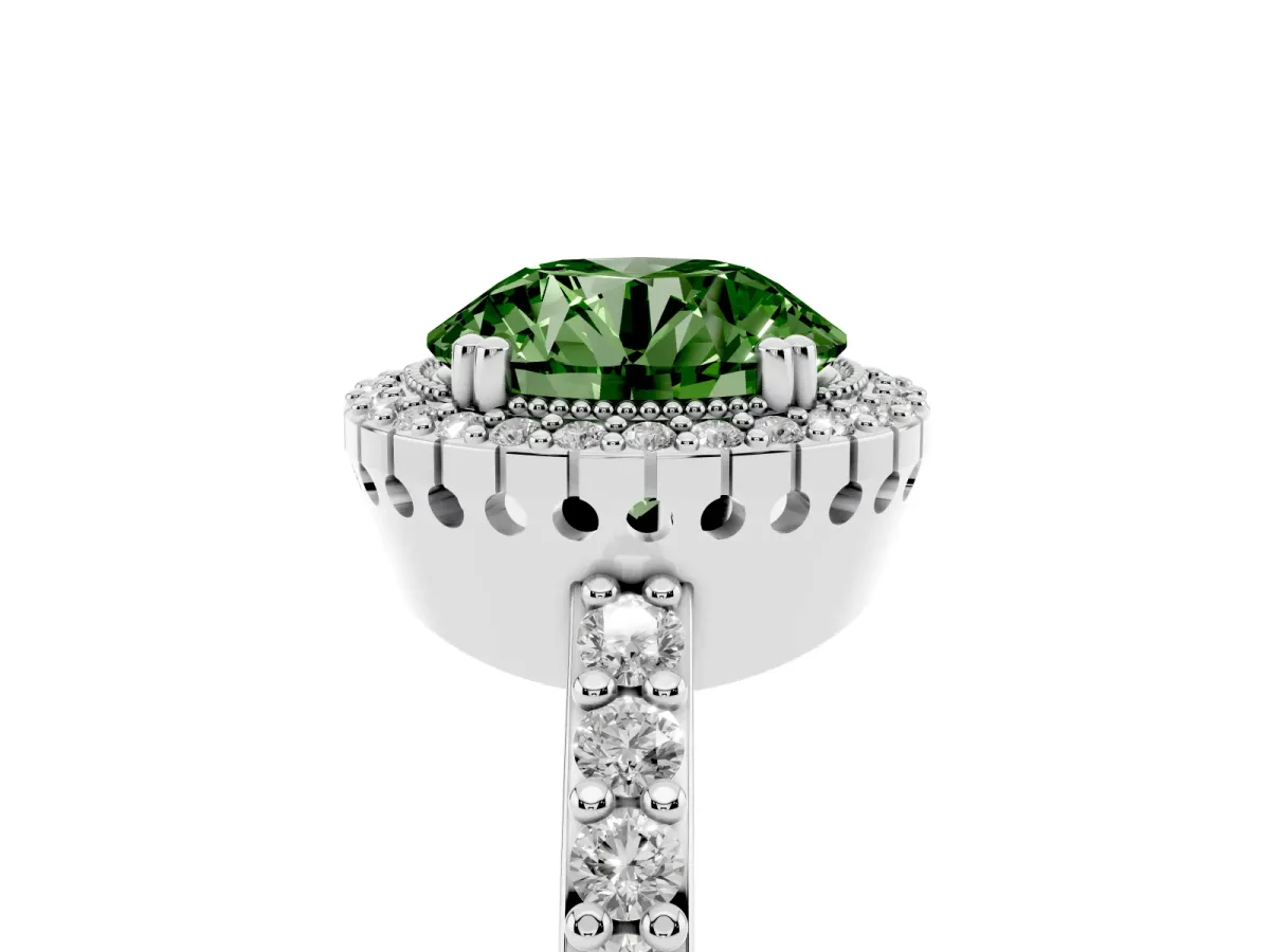 Fancy Green Round Cut Cut Diamond Halo Engagement Ring with Milgrain Detail and Pavé Band Platinum