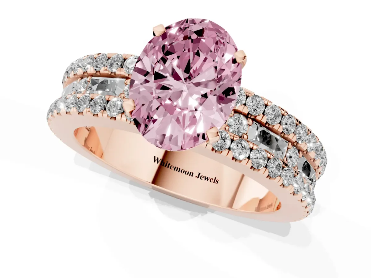 Fancy Pink Oval Cut Diamond Solitaire Ring with Pavé and Channel Set Band Rose gold