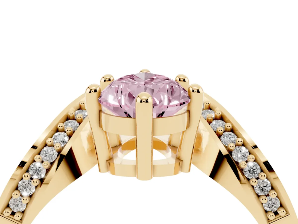 Fancy Pink Pear Cut Solitaire Diamond Engagement Ring with Pave Band and Four-Prong Setting Yellow gold