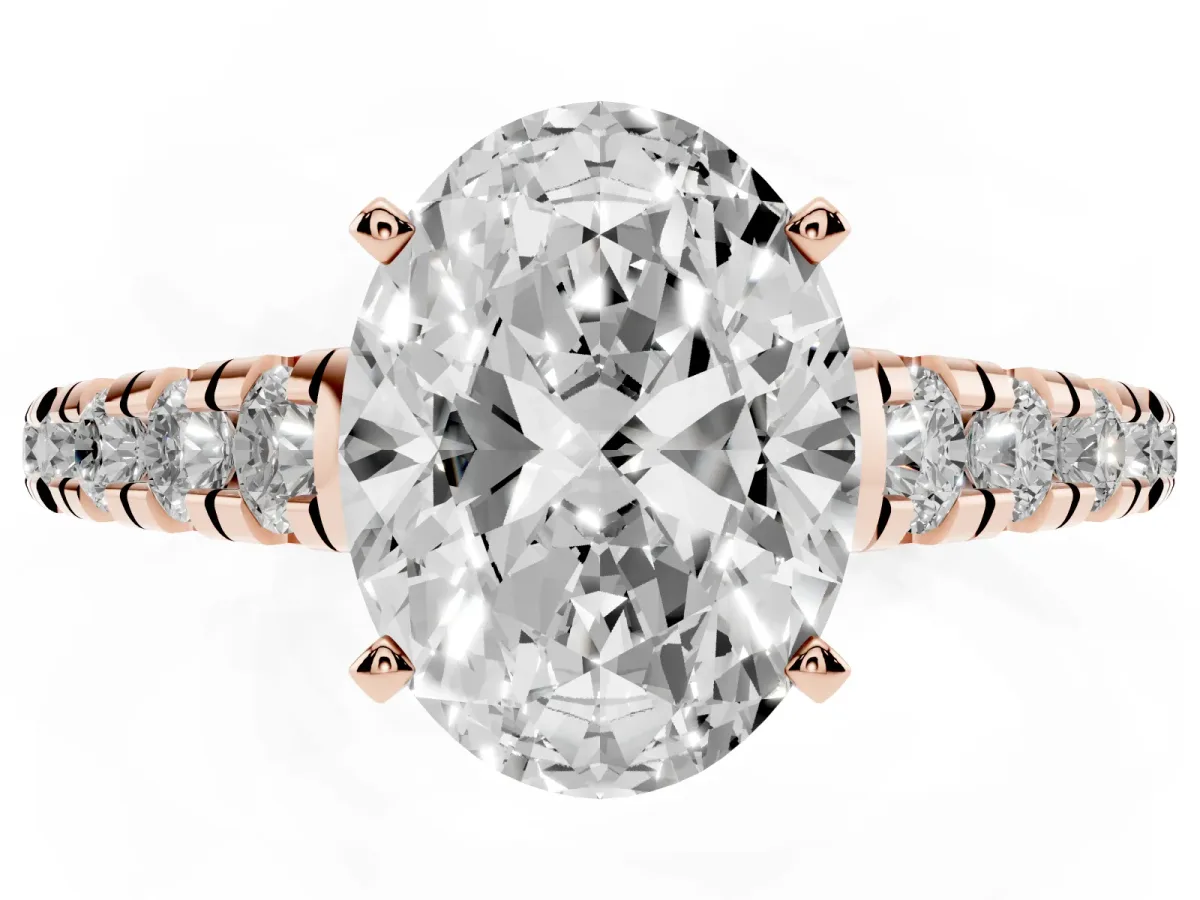 Oval Cut Diamond Cathedral Solitaire Ring with Round Pavé Band Rose gold