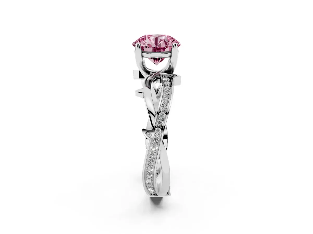 Fancy Pink Round Cut Solitaire Twist Band with Pavé Accents and Four-Prong Setting Platinum
