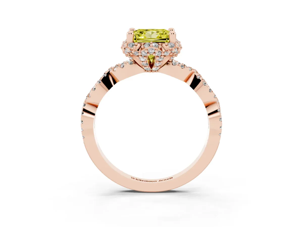 Fancy Yellow Princess Cut Halo Twist Band Solitaire Ring with Six-Prong Setting Rose gold