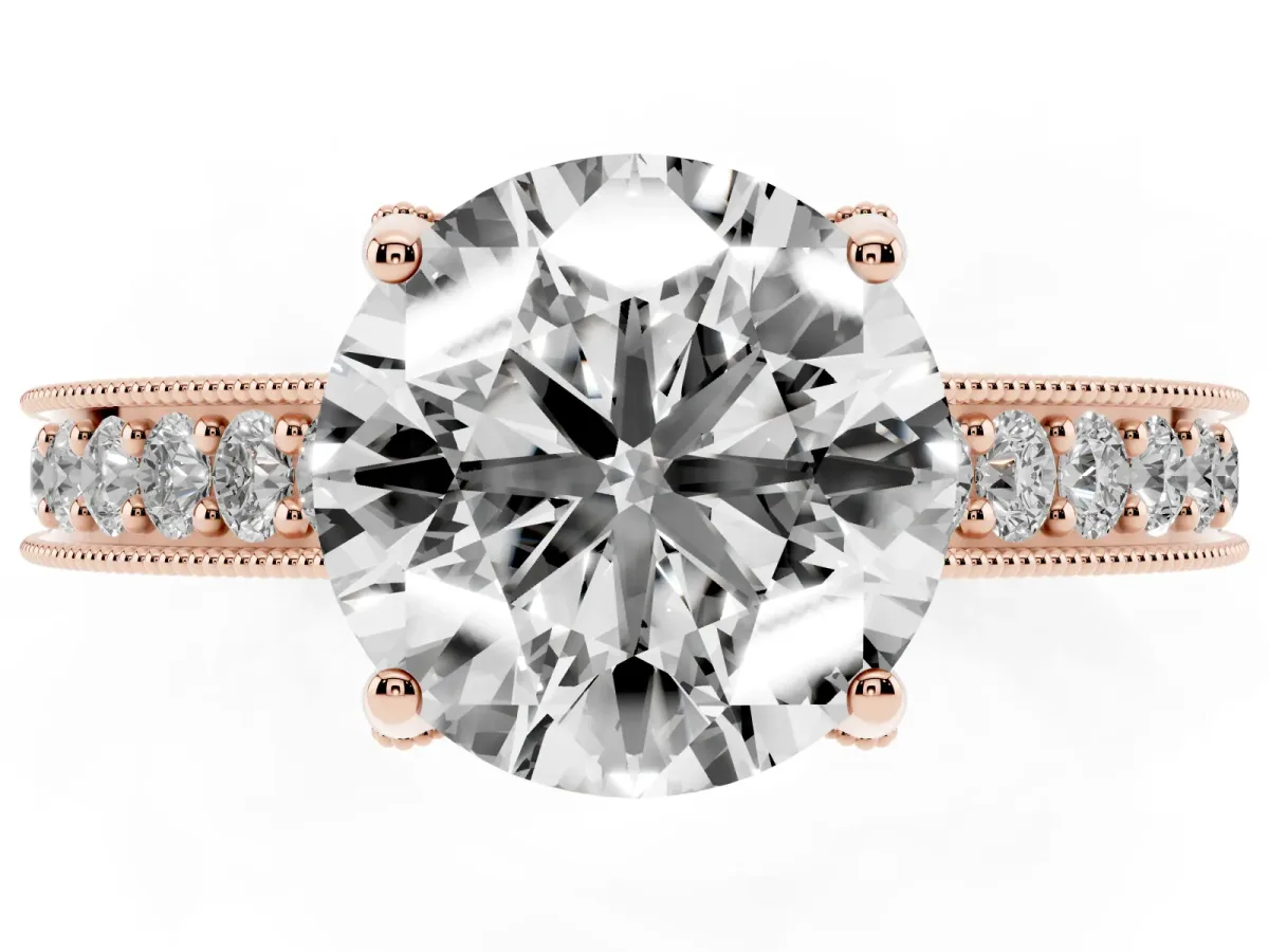 Round Cut Cut Diamond Solitaire Ring with Milgrain Pave Band and Four Prong Setting Rose gold