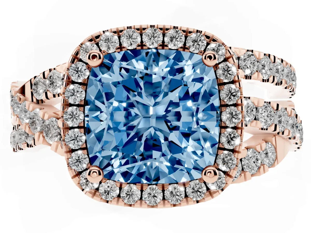 Fancy Blue Cushion Cut Diamond Halo Ring with Round Split Shank and Prong Setting Rose gold