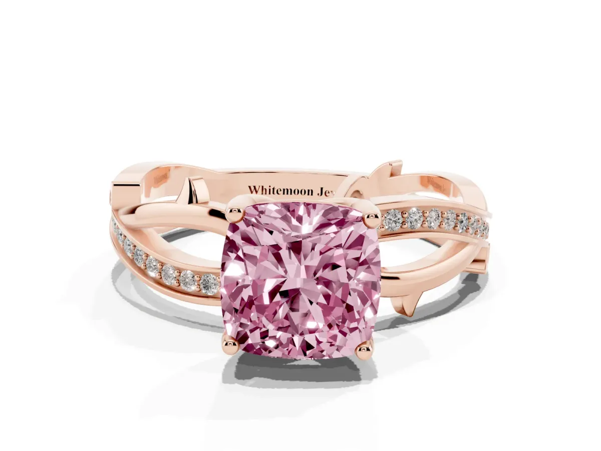 Fancy Pink Cushion Cut Solitaire Twist Band with Pavé Accents and Four-Prong Setting Rose gold