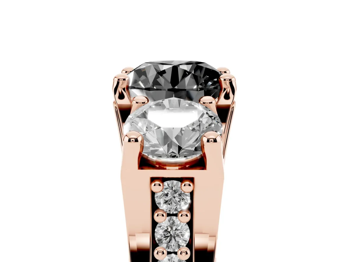 Fancy Black Round Cut Diamond Three-Stone Ring with Channel Set Band and Four-Prong Setting Rose gold