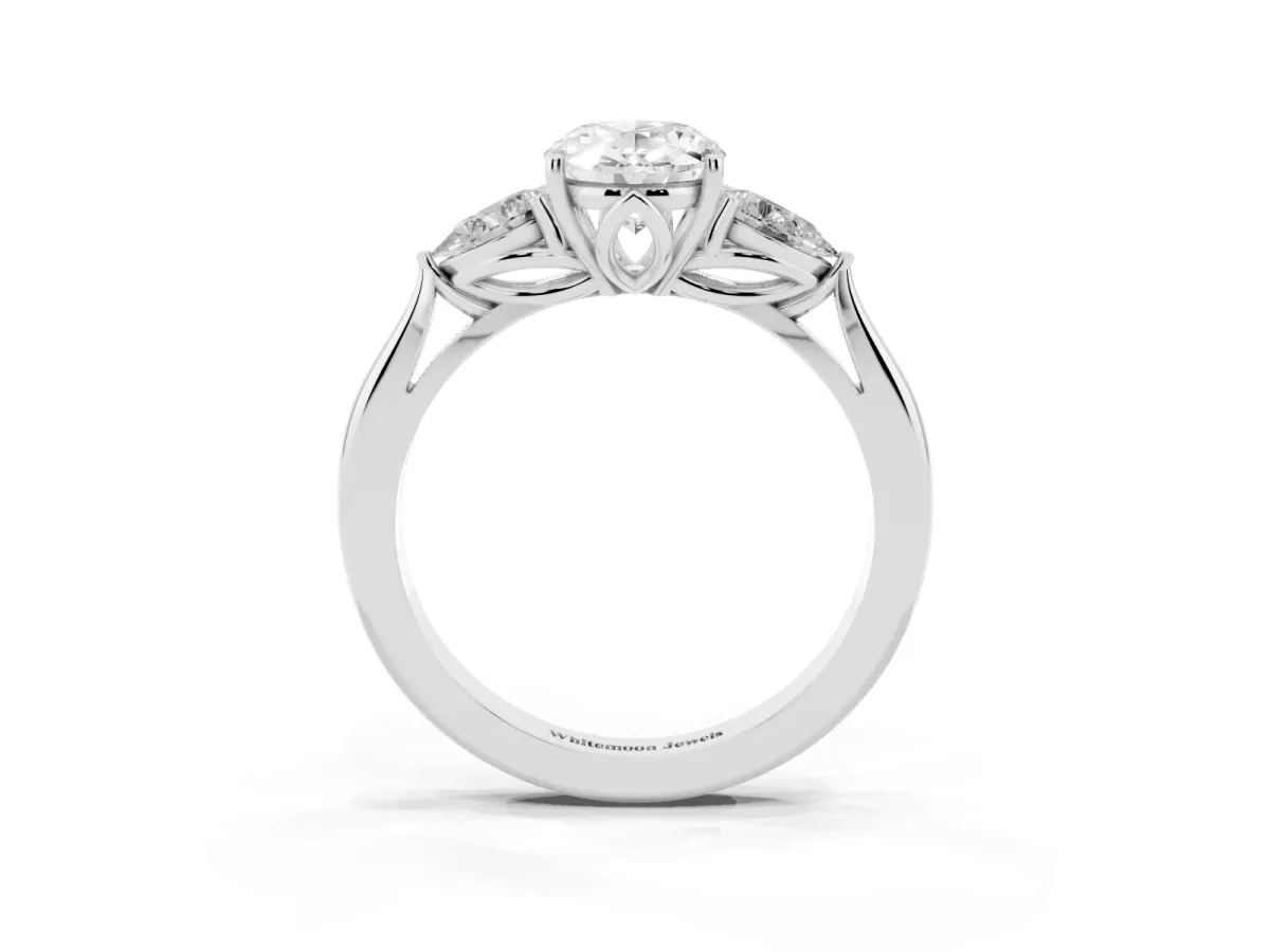 Oval Cut Diamond Three-Stone Ring with Pear Side Stones and Prong Setting Silver
