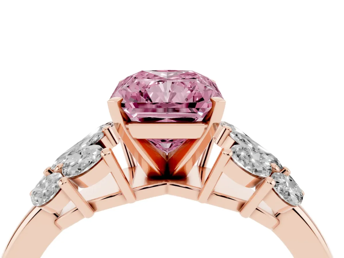 Fancy Pink Radiant Cut Diamond Cluster Leaf Design Ring with Prong Setting Rose gold