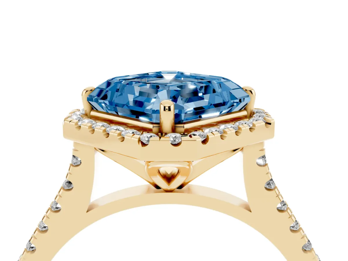 Fancy Blue Asscher Cut Diamond Cushion Halo Ring with Pavé Band Yellow gold