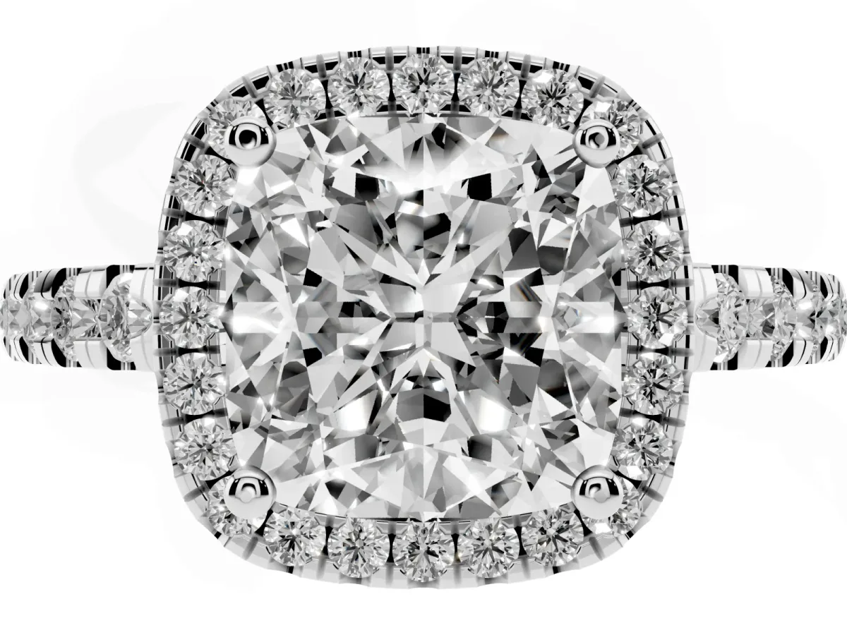 Cushion Cut Diamond Halo Ring with Pavé Band and Four-Prong Setting Platinum