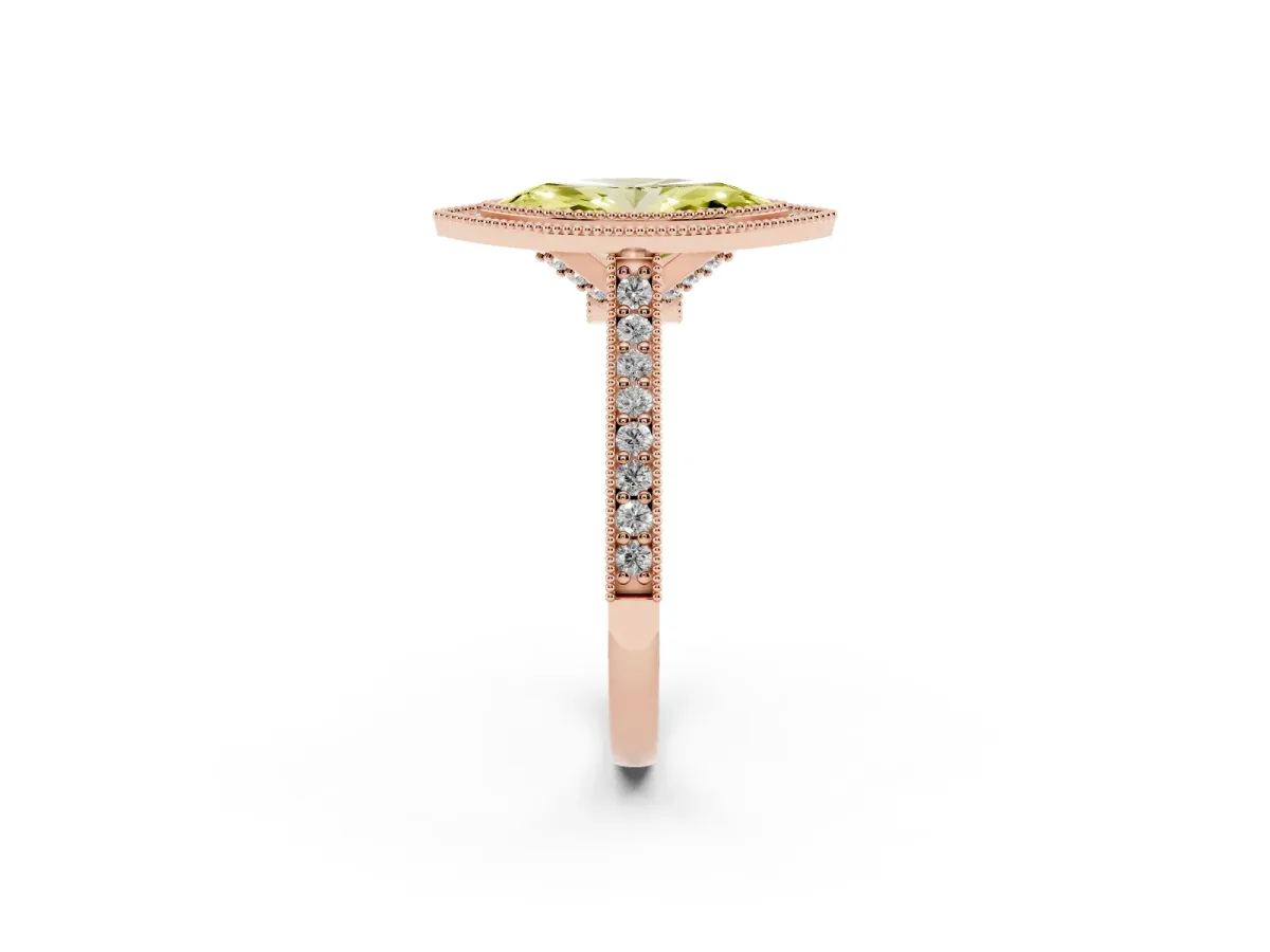 Fancy Yellow Halo Marquise Cut-Cut Diamond Pave Band Milgrain Prong Setting Ring Rose gold