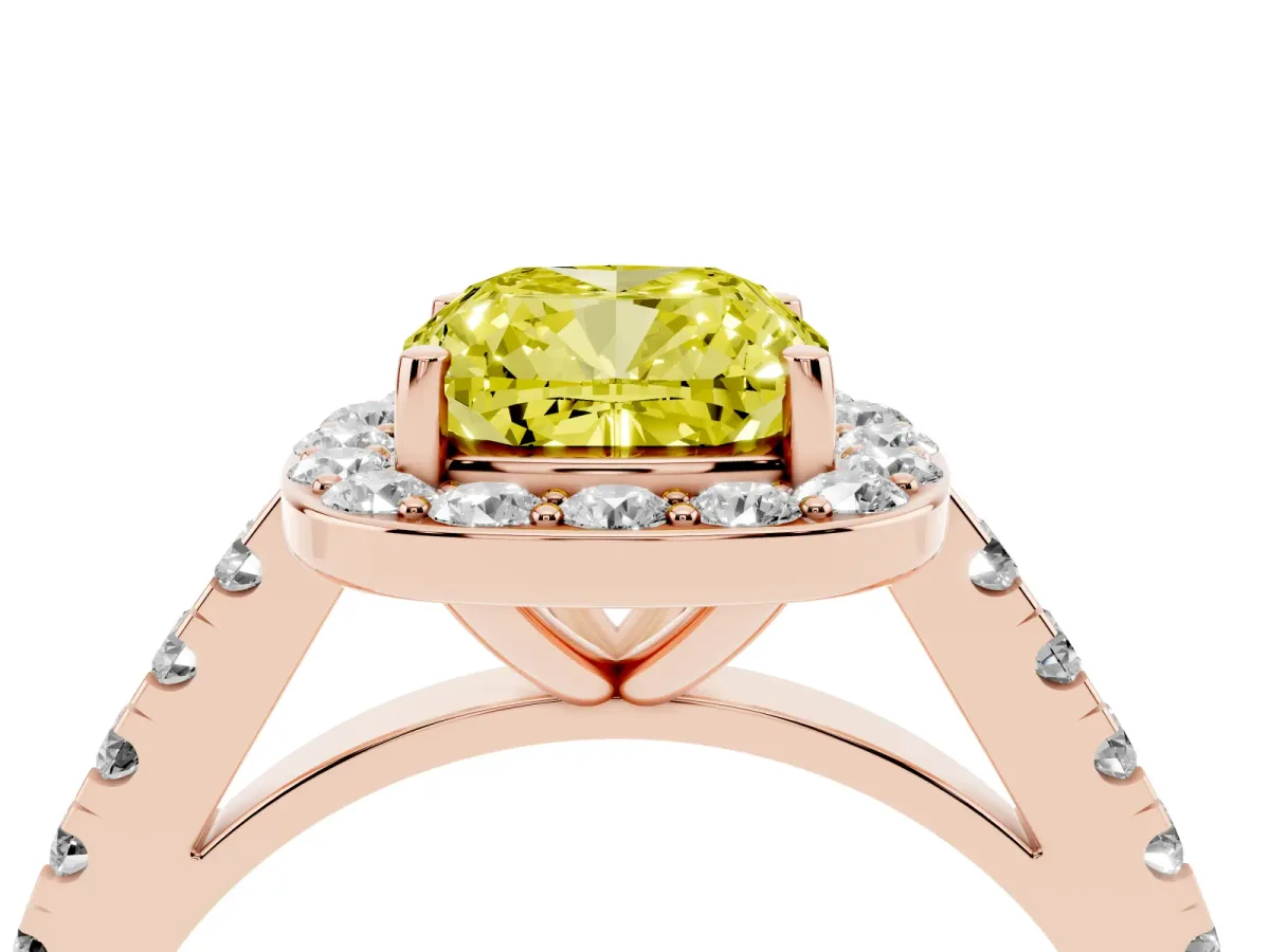 Fancy Yellow Cushion Cut Diamond Halo Ring with Round Pavé Split Shank and Prong Setting Rose gold