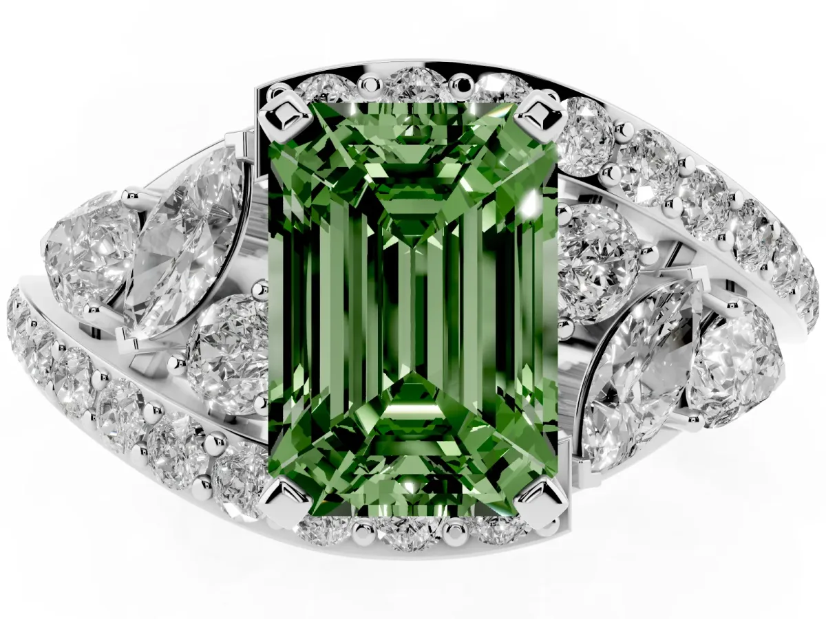 Fancy Green Emerald Cut Diamond Halo Ring with Marquise and Pavé Band in Prong Setting Silver