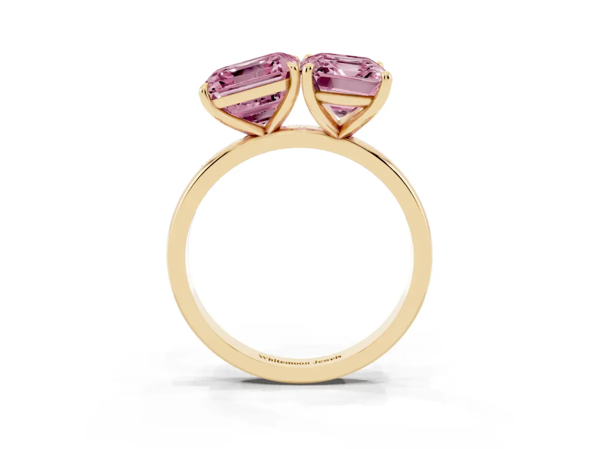 Fancy Pink Asscher Cut and Emerald Cut Toi Moi Ring with Prong Setting Yellow gold