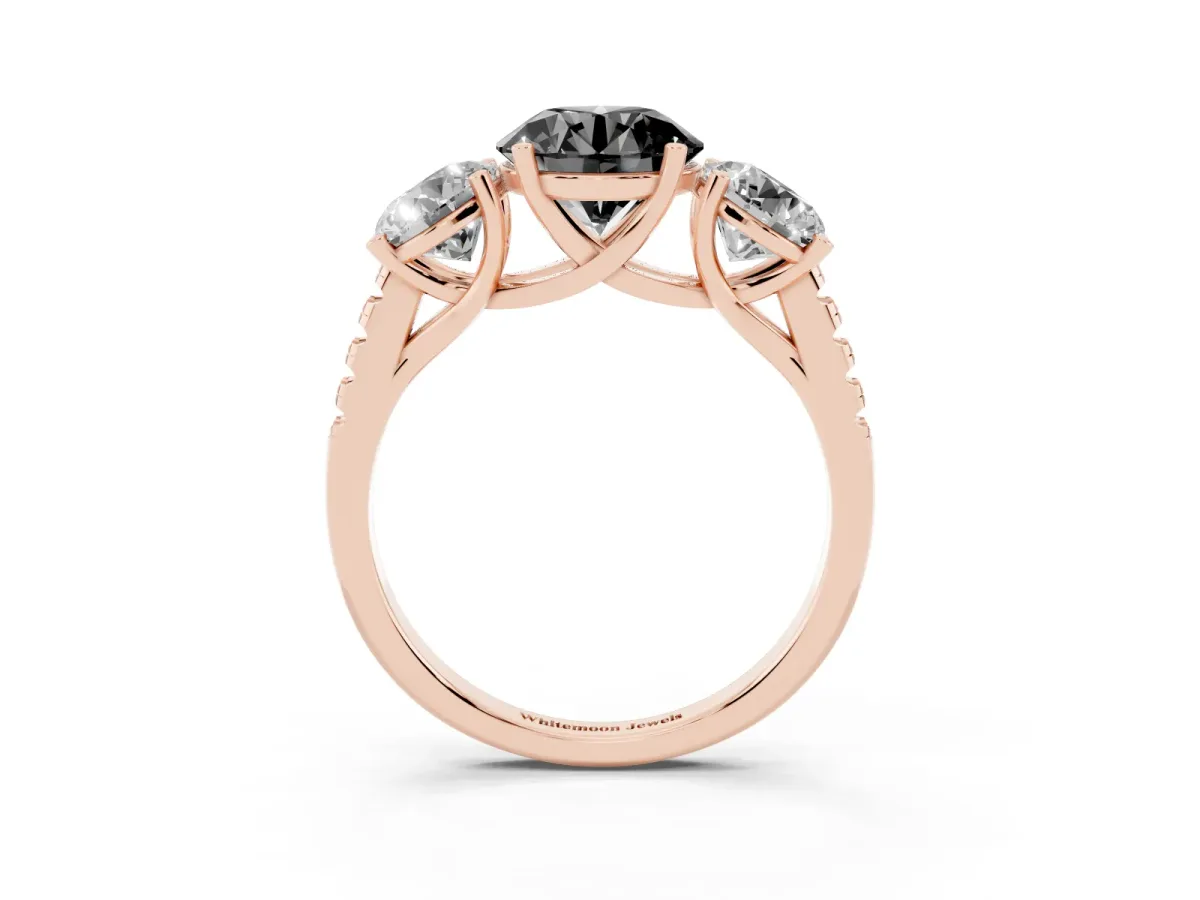 Fancy Black Three-Stone Round Cut Diamond Ring with Round Pavé Band and Prong Setting Rose gold
