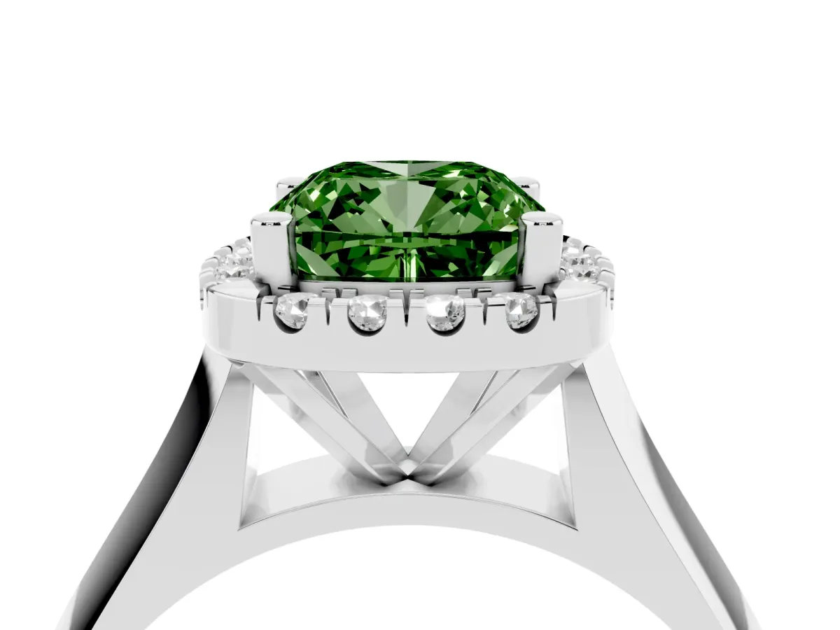 Fancy Green Cushion Cut Cut Halo Solitaire Engagement Ring with Square Band and Four-Prong Setting White gold