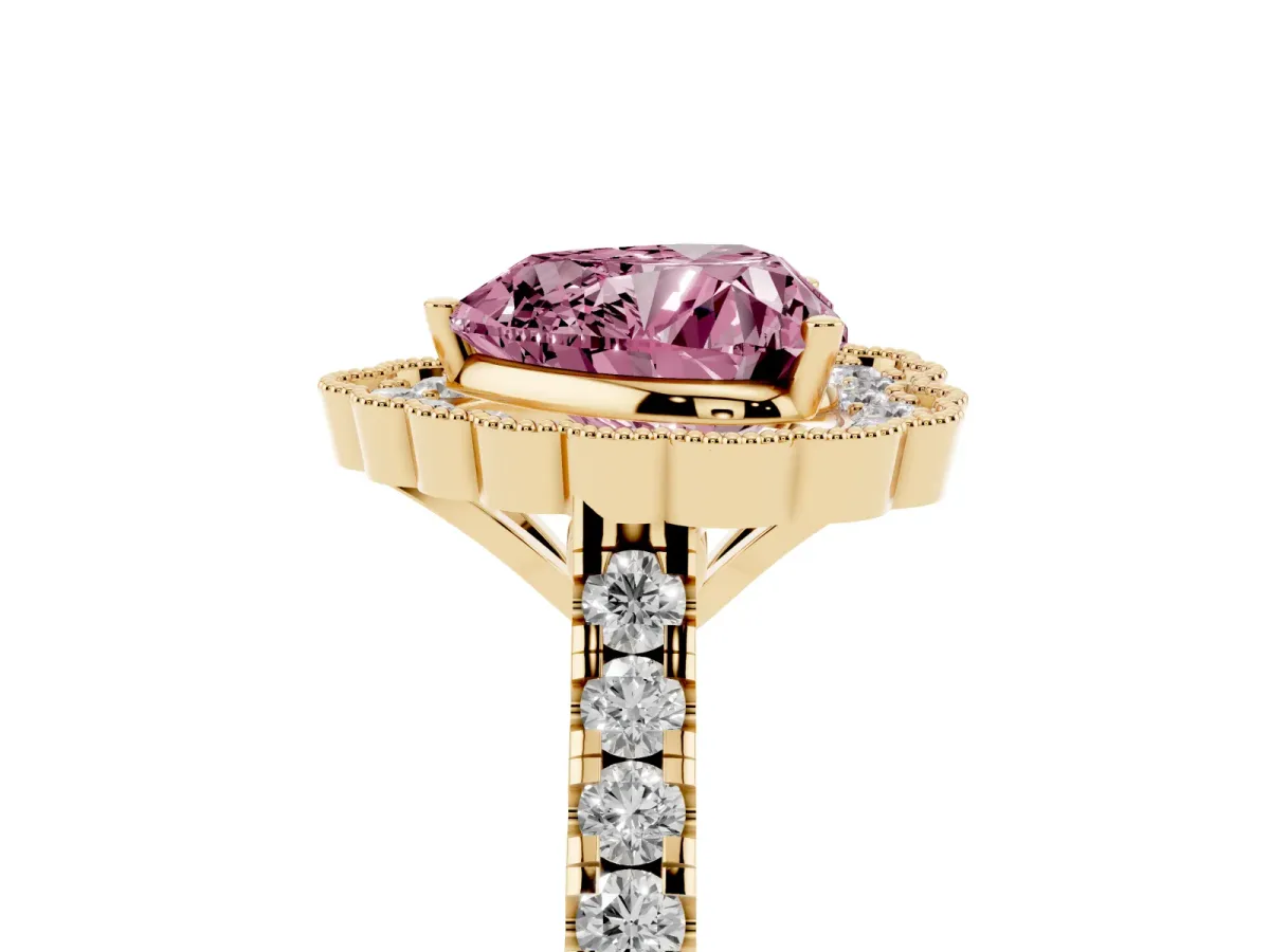 Fancy Pink Heart Cut Cut Diamond Milgrain Floral Halo Engagement Ring with Pavé Band Yellow gold