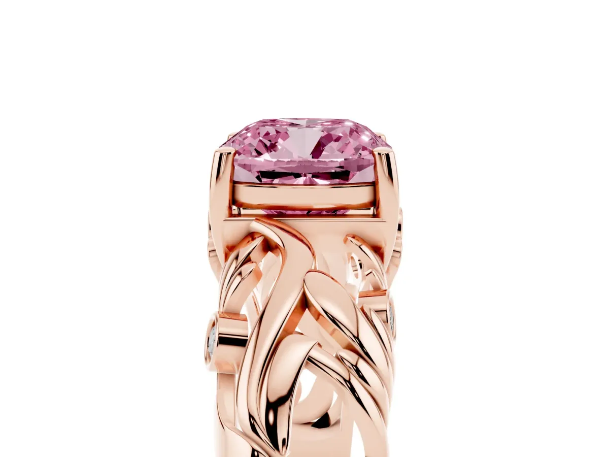 Fancy Pink Cushion Cut Solitaire Diamond Leaf-Inspired Vine Band Ring with Prong Setting Rose gold