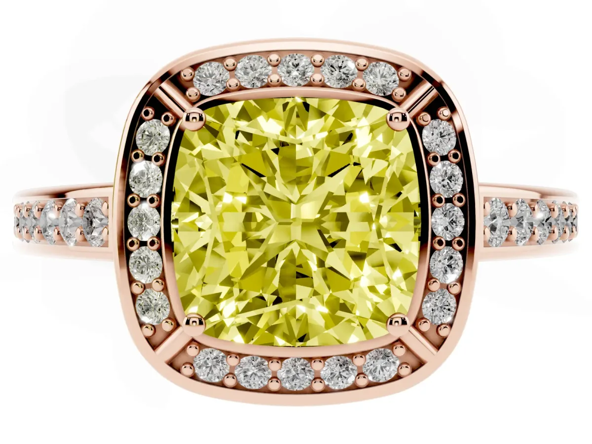 Fancy Yellow Cushion Cut Cut Halo Pave Split Shank Prong Setting Ring Rose gold
