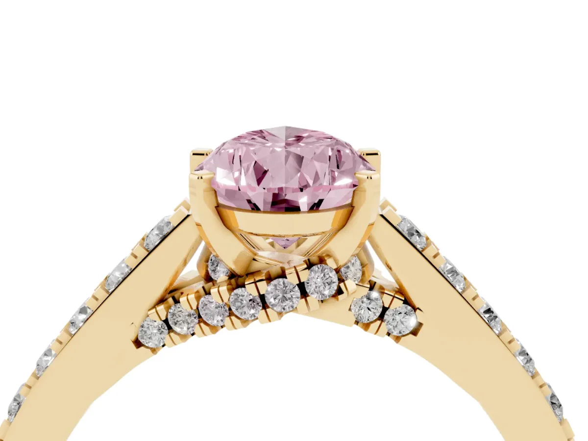 Fancy Pink Pear Cut Diamond Solitaire Ring with Crossover Gallery and Round Pavé Band Yellow gold
