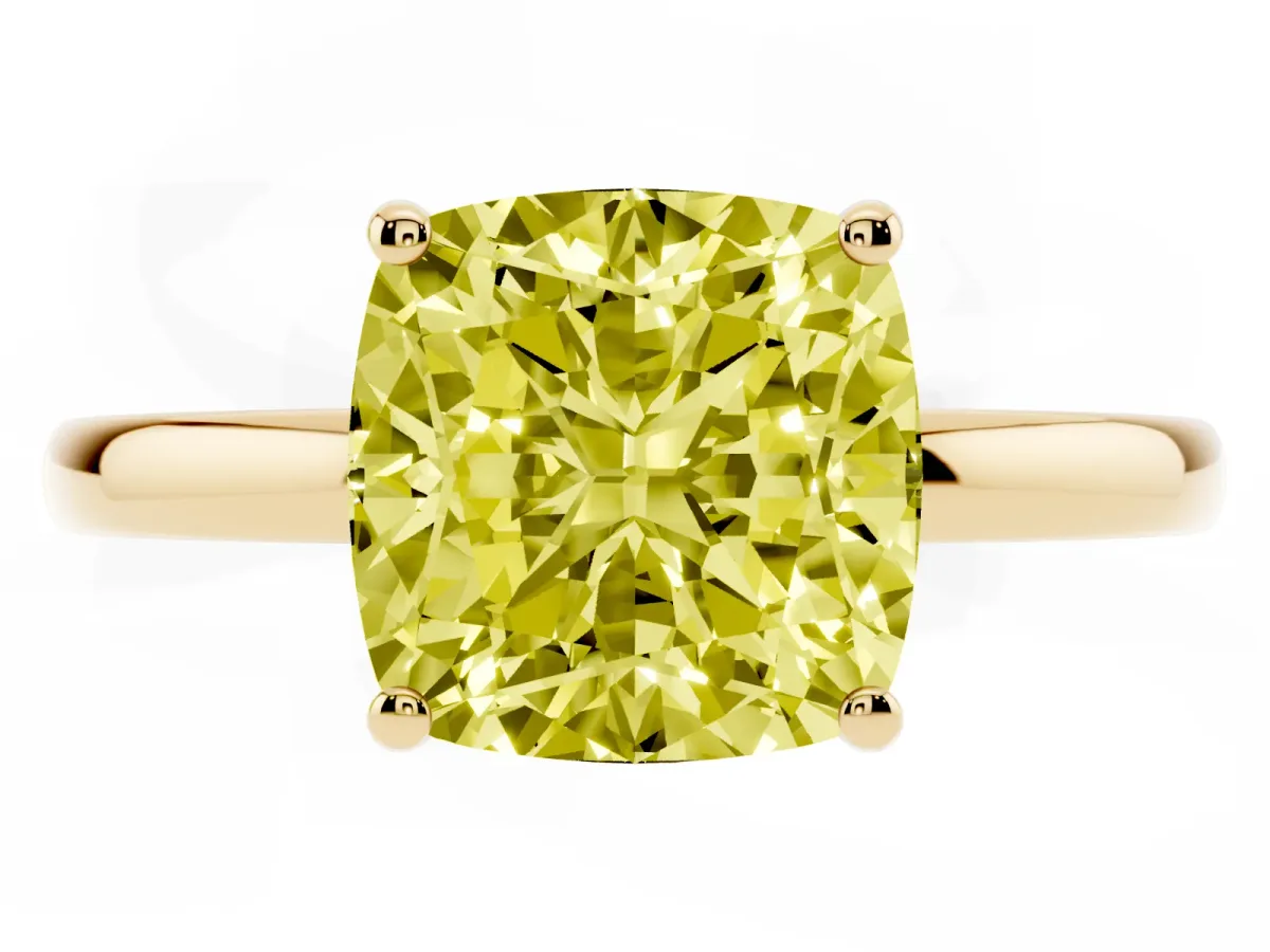 Fancy Yellow Cushion Cut Solitaire Diamond Ring with Prong Setting and Plain Band Yellow gold
