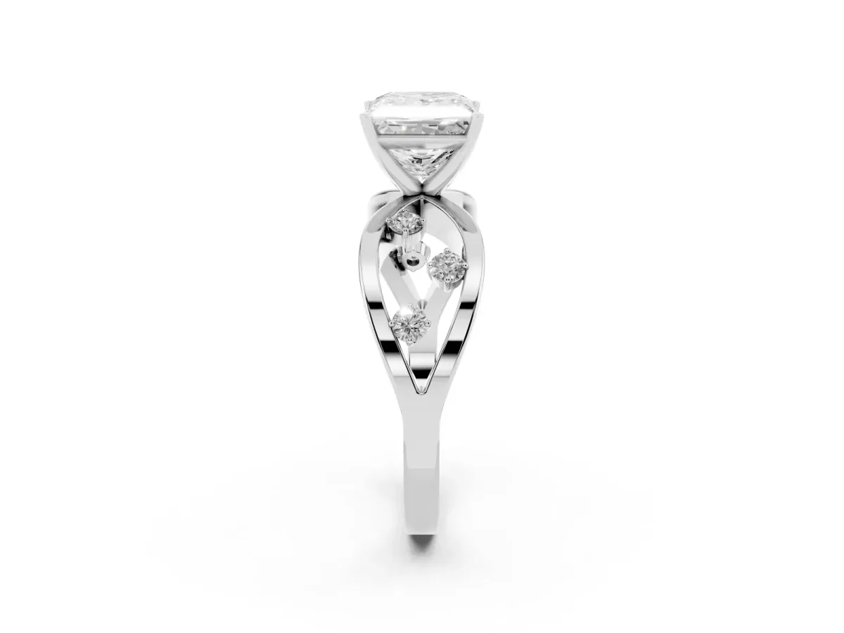Princess Cut Cut Solitaire Diamond with Side Stones on Criss-Cross Band and Four-Prong Setting Silver