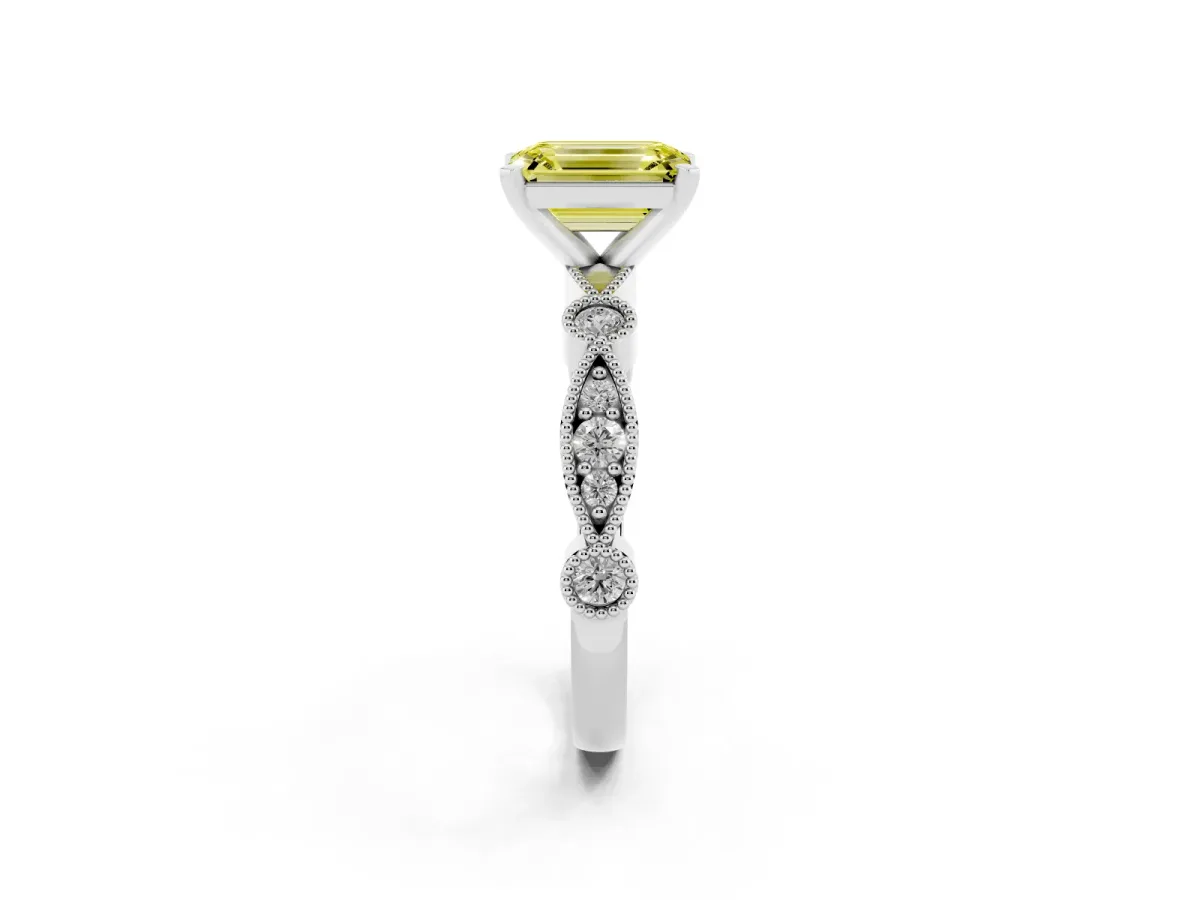 Fancy Yellow Emerald Cut Milgrain Bezel Diamond Engagement Ring with Solitaire Prong Setting Platinum