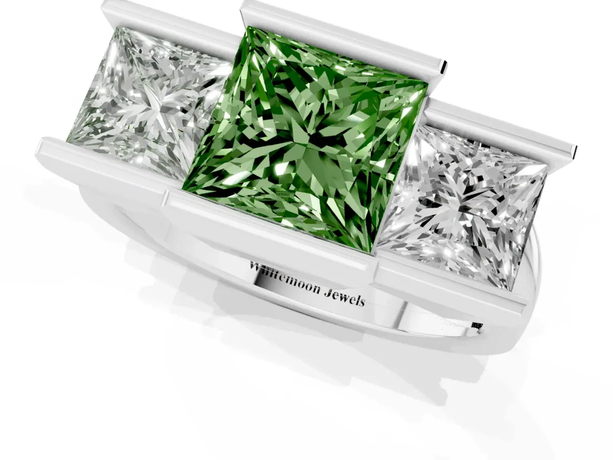 Fancy Green Three Stone Princess Cut Cut Channel Set Diamond Ring Silver