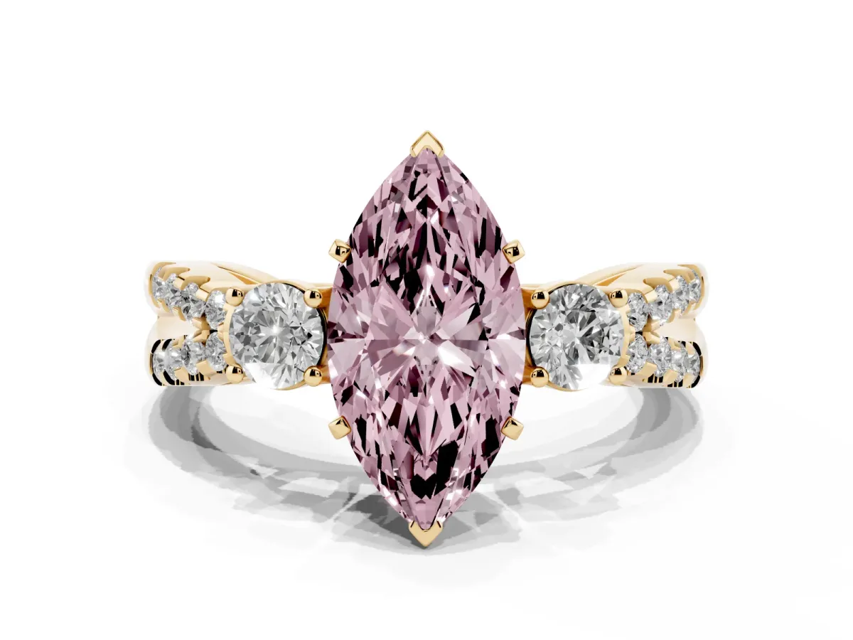 Fancy Pink Marquise Cut Diamond Three-Stone Ring with Pavé Split Shank and Four-Prong Setting Yellow gold