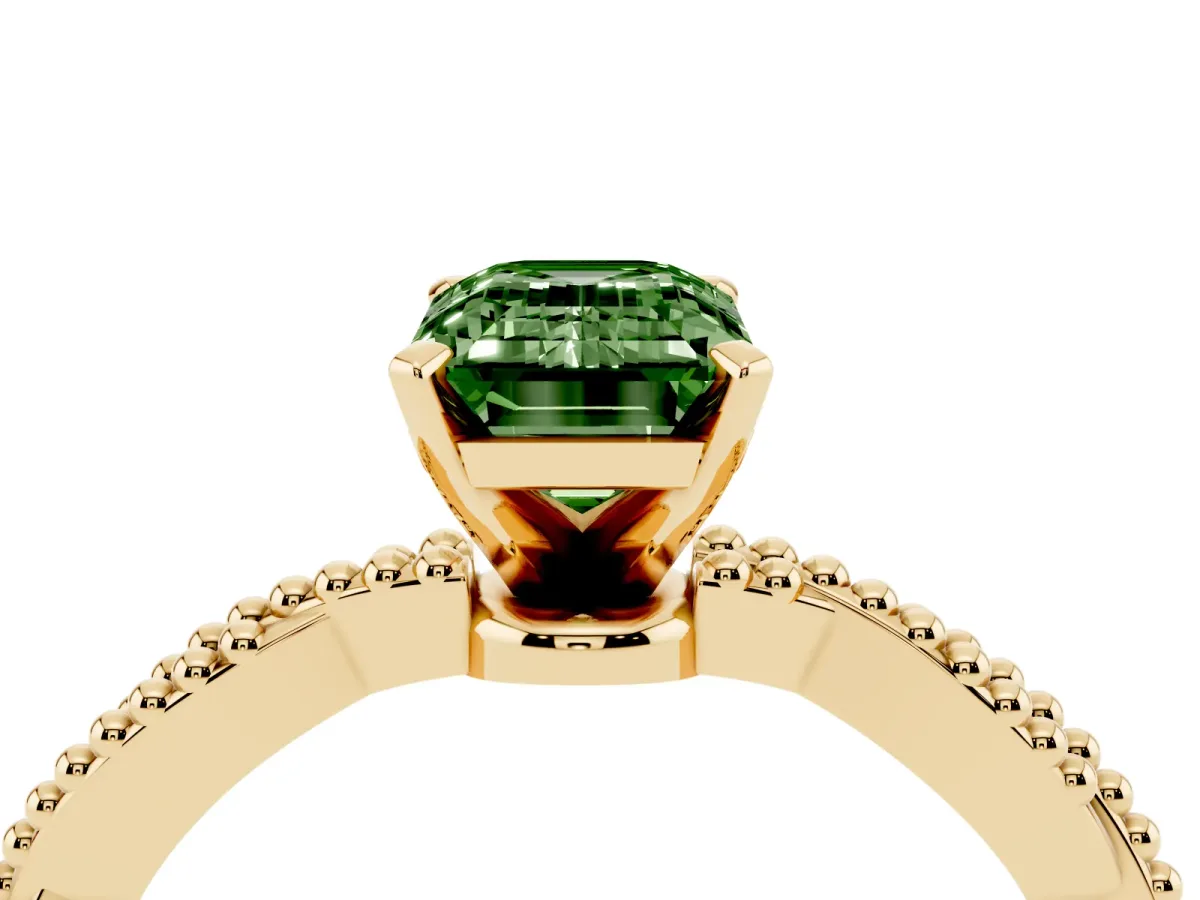 Fancy Green Emerald Cut Solitaire Twisted Band with Bead Prong Setting Yellow gold