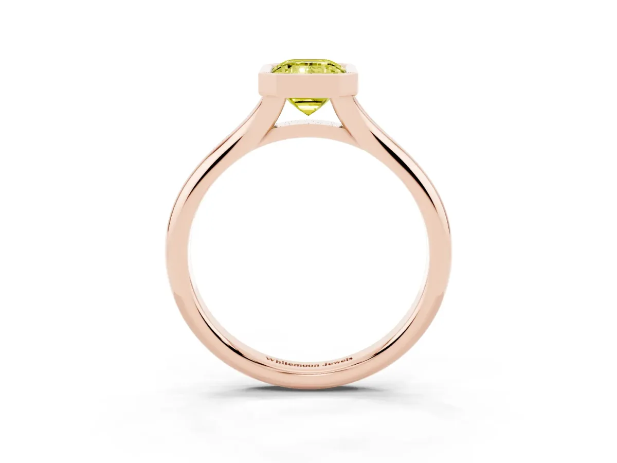 Fancy Yellow Bezel Set Emerald Cut Solitaire Diamond Ring with Smooth Band Rose gold