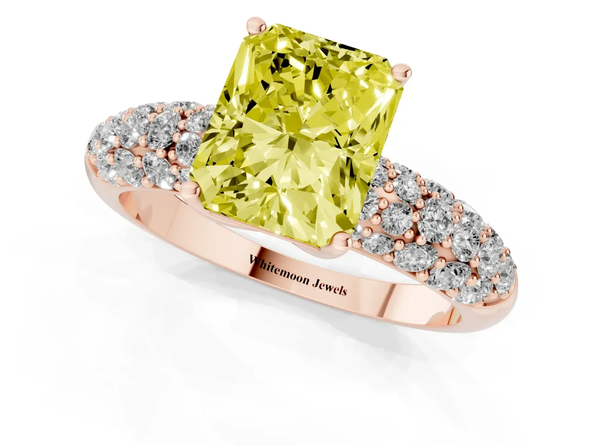 Fancy Yellow Radiant Cut Diamond Pavé Band Solitaire Ring with Four-Prong Setting Rose gold