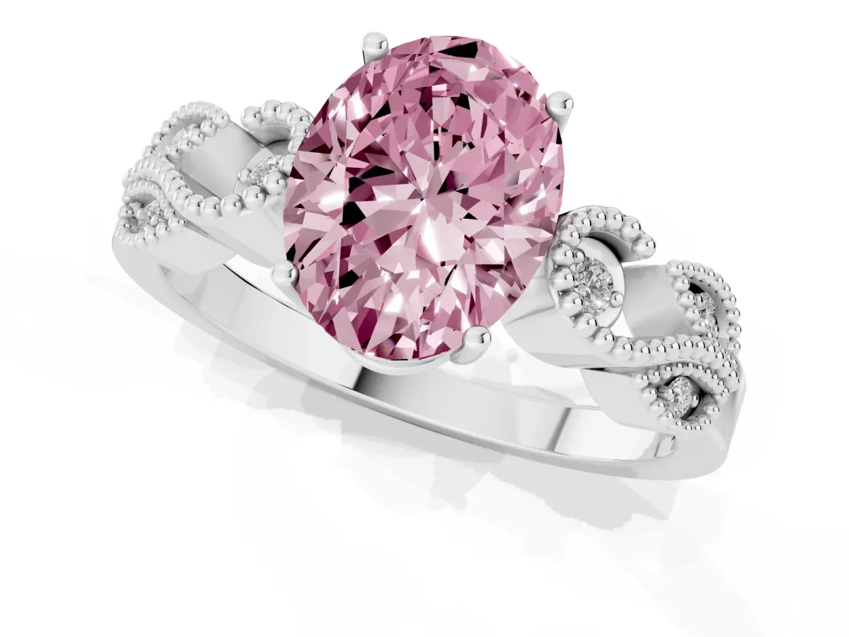 Fancy Pink Oval Cut Solitaire Milgrain Leaf Band with Prong Setting Silver