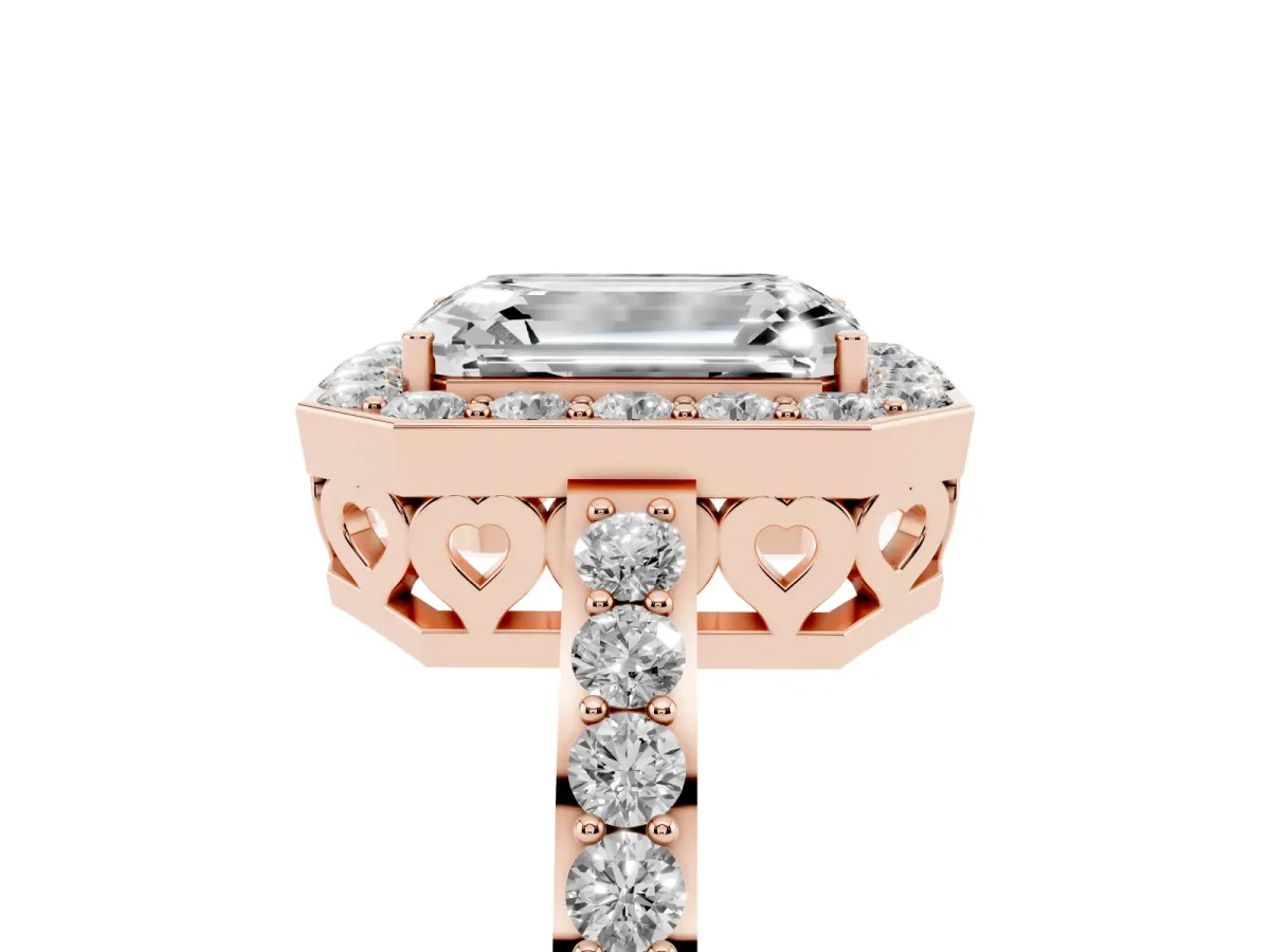 Emerald Cut Halo Diamond Pavé Band Ring with Prong Setting Rose gold