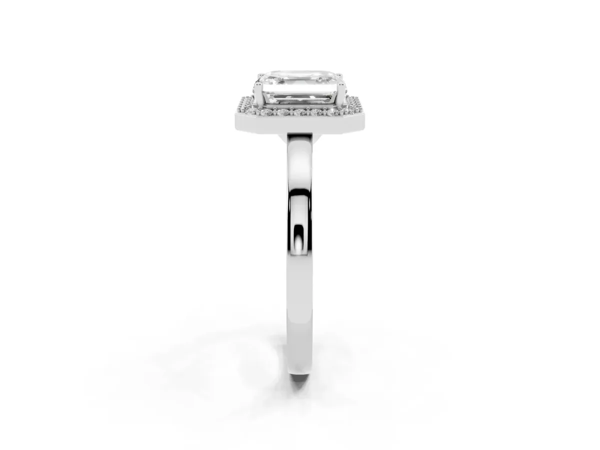 Asscher Cut Halo Diamond Ring with Solitaire Band and Prong Setting Silver