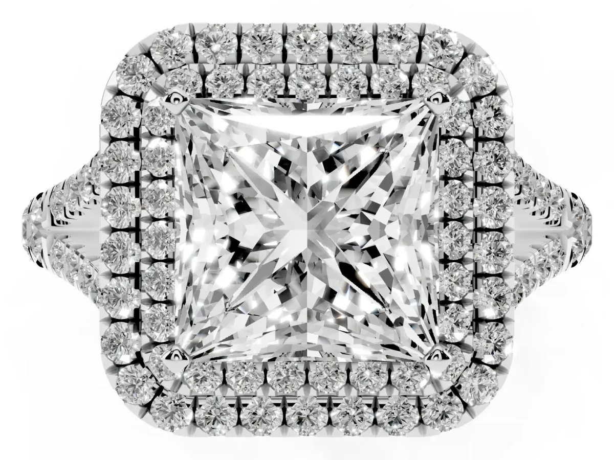 Princess Cut Diamond Double Halo Ring with Split Shank and Prong Setting Platinum
