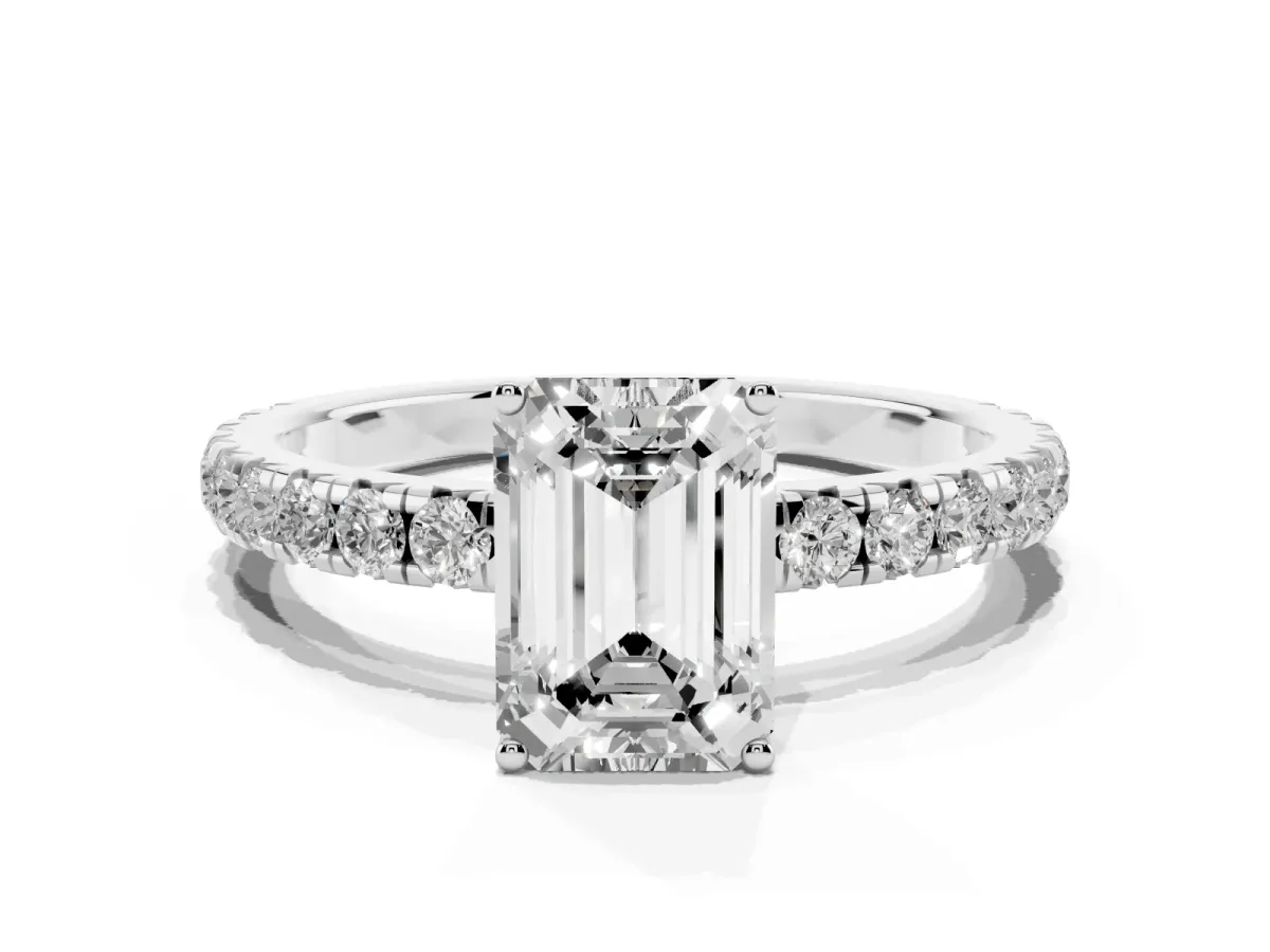 Emerald Cut Diamond Pavé Solitaire Engagement Ring with Four-Prong Setting Silver