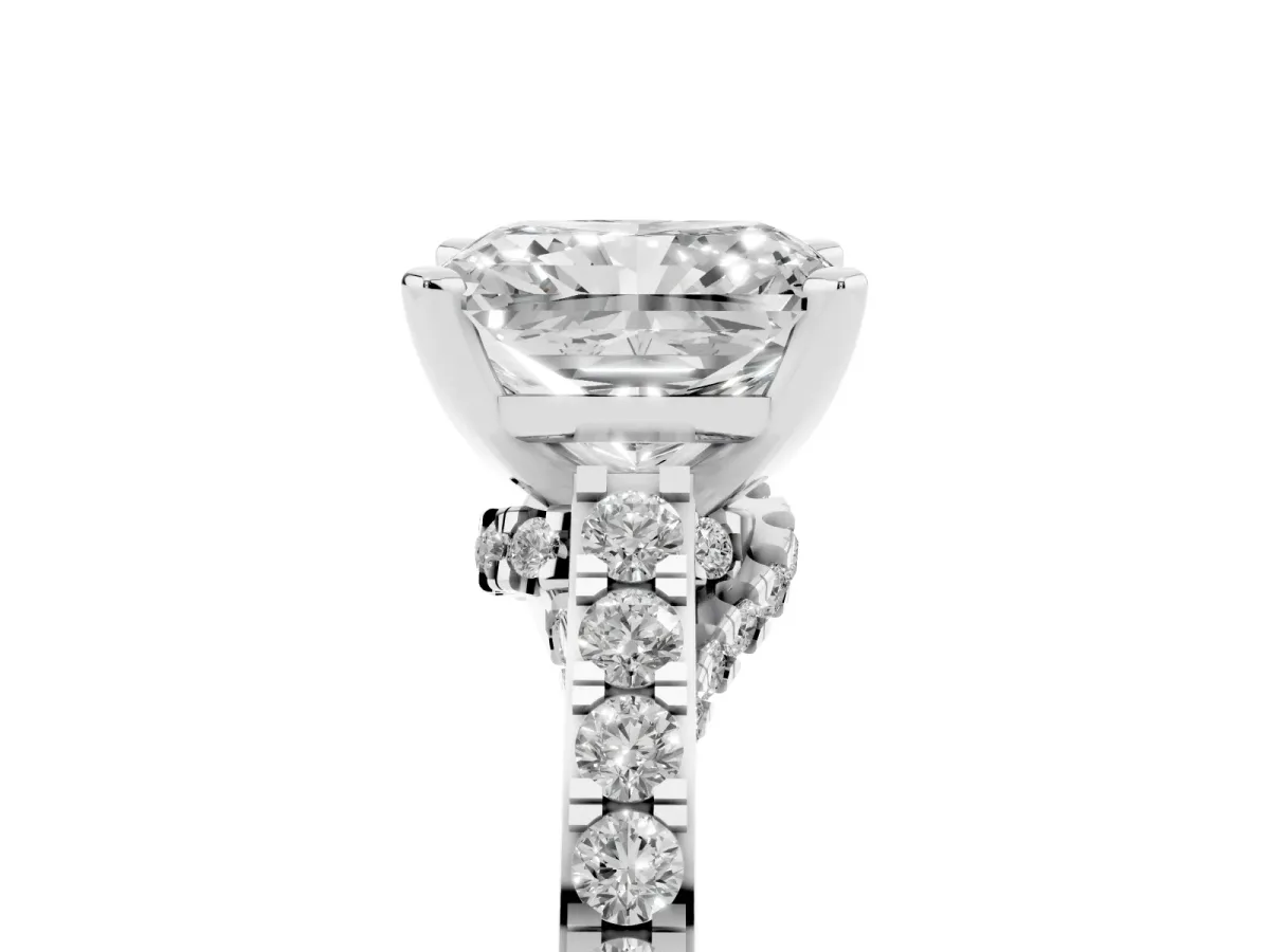 Radiant Cut Diamond Solitaire Ring with Crossover Gallery and Round Pavé Band Platinum