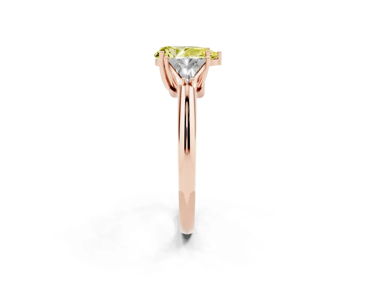 Fancy Yellow Three-Stone Pear Cut Diamond Engagement Ring with Trillion Side Stones and Prong Setting Rose gold