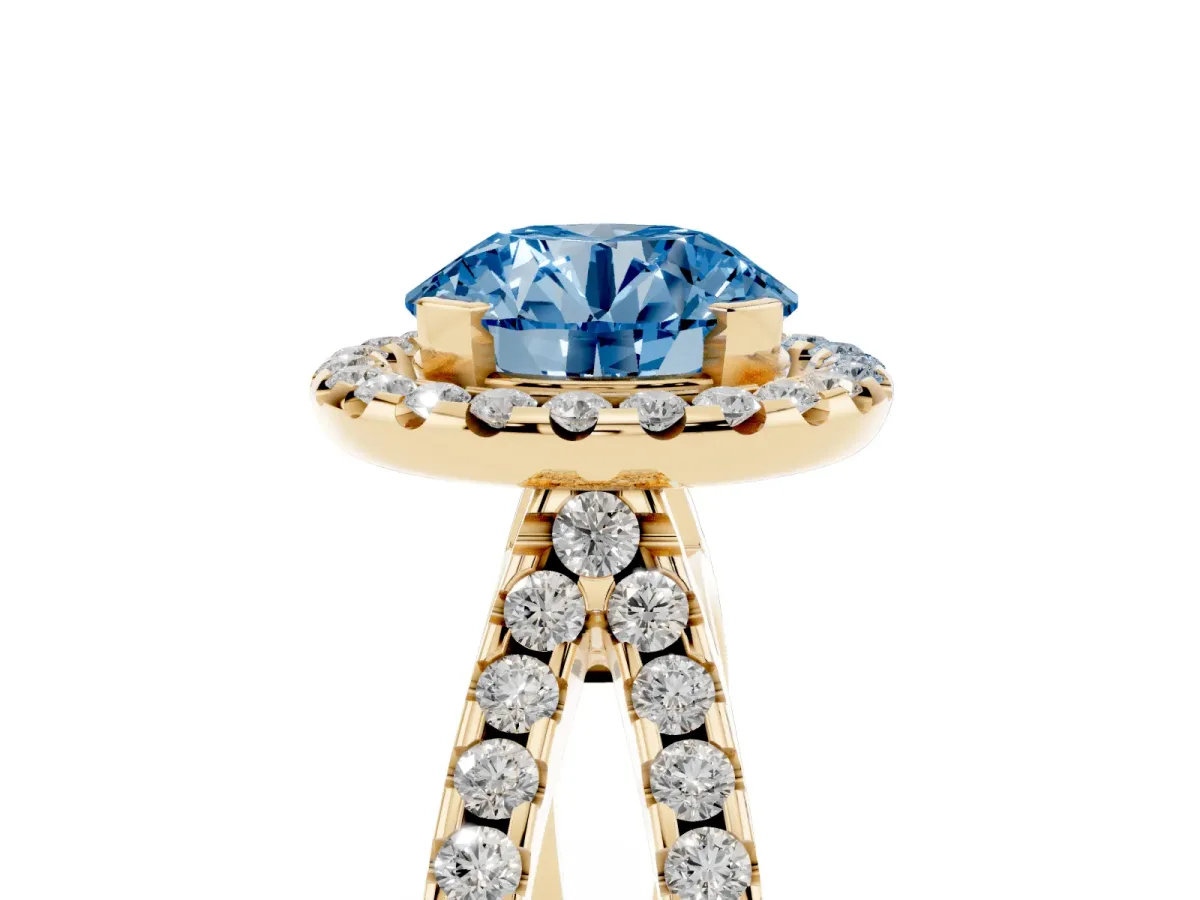 Fancy Blue Round Cut Diamond Halo Ring with Split Shank Pavé Band and Prong Setting Yellow gold