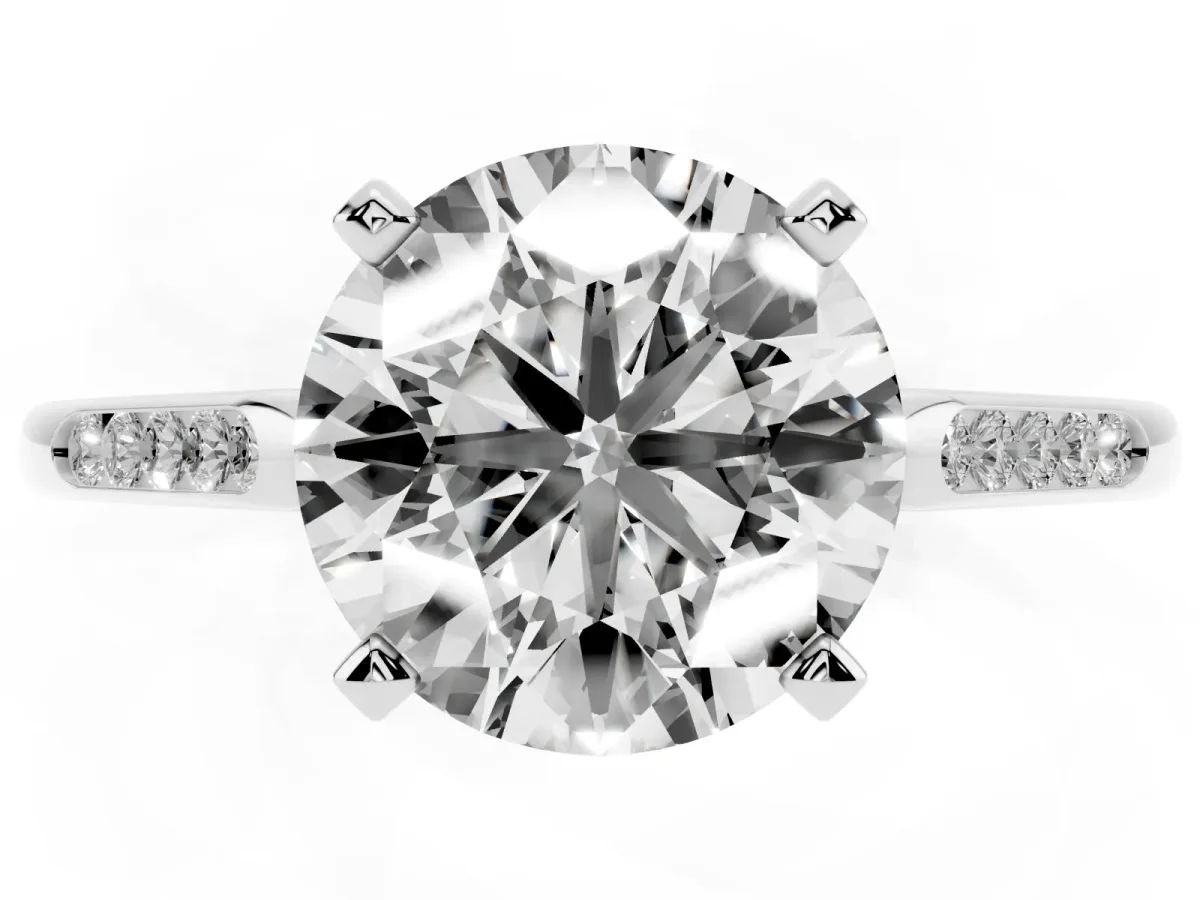 Round Cut Diamond Solitaire Ring with Channel Set Round Band and Prong Setting Silver