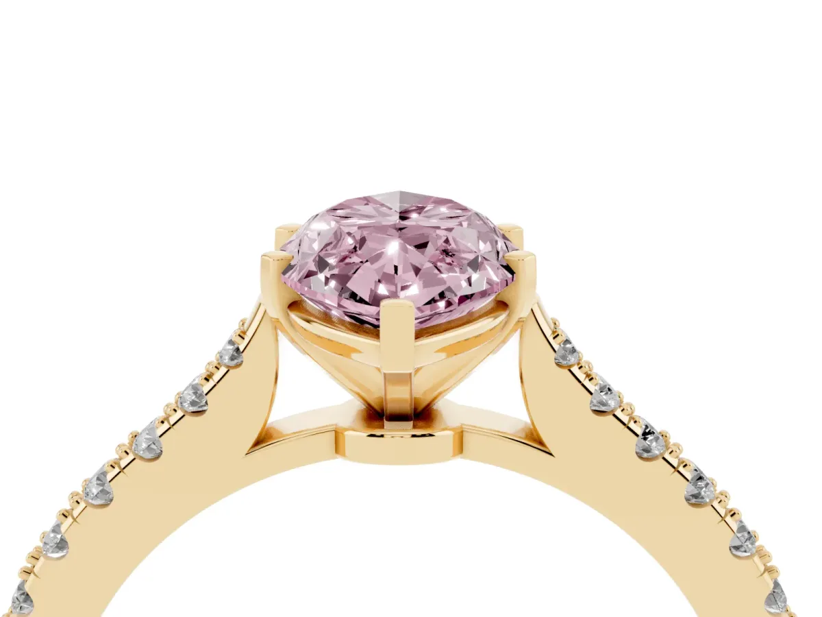 Fancy Pink Marquise Cut Cut Solitaire Diamond Engagement Ring with Pave Band and Four-Prong Setting Yellow gold