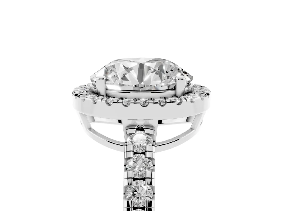 Round Cut Diamond Halo Ring with Pavé Band and Four-Prong Setting Platinum