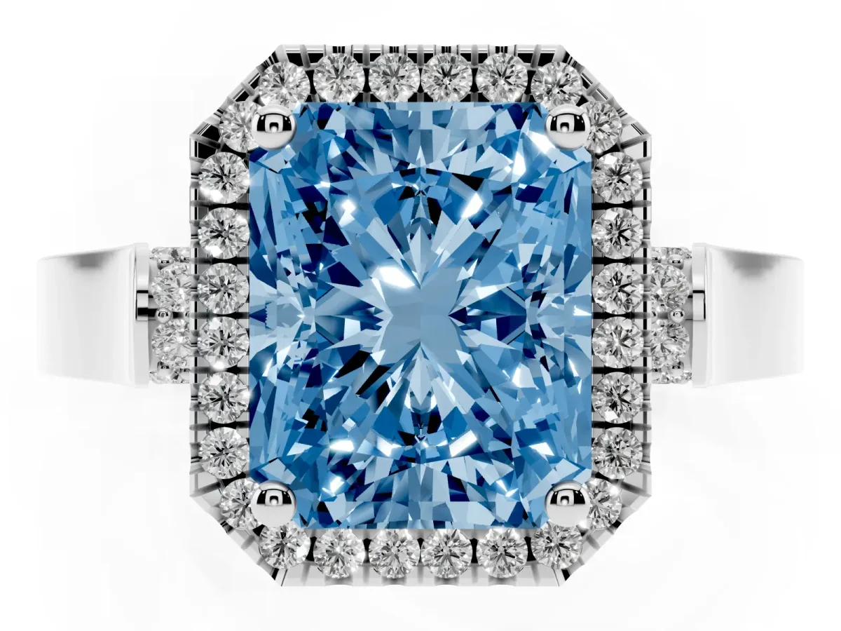 Fancy Blue Radiant Cut Halo Pave Split Shank Prong Setting Ring Silver